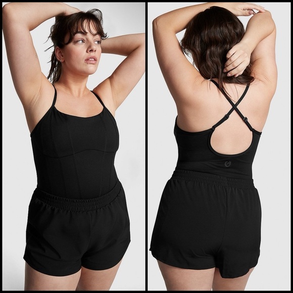 Victoria’s Secret Pink Ultimate Runsie Black Corset Style Athleisure Romper Sz L - Picture 1 of 12